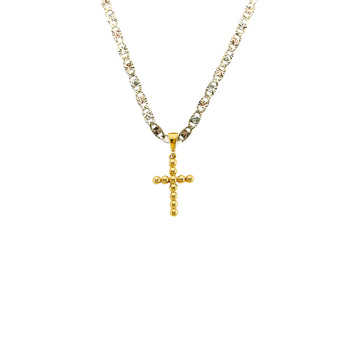 14k Gold Small Beaded Design Cross Pendant with Solid Chain - LE-2969