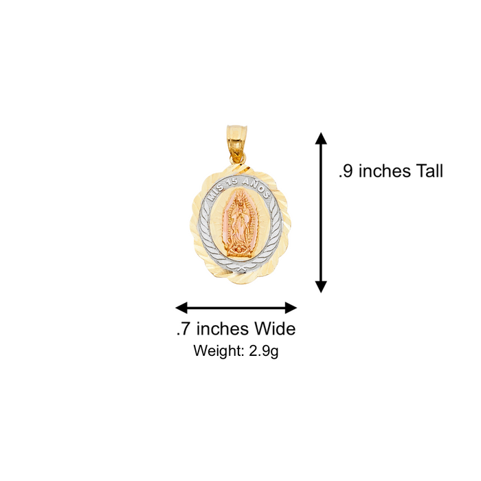 14k Gold Tri Tone Virgin Mary Mis 15 Años Quinceañera Oval Pendant with Solid Chain - LE-1899