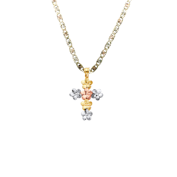 14k Gold Tri Tone Flower Cross Pendant with Solid Chain - LE-2536