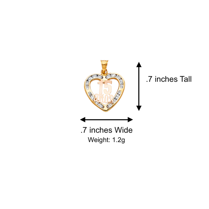 14k Gold Two Tone 15 Años Quinceañera Heart Gemstone Pendant with Solid Chain - LE-0813