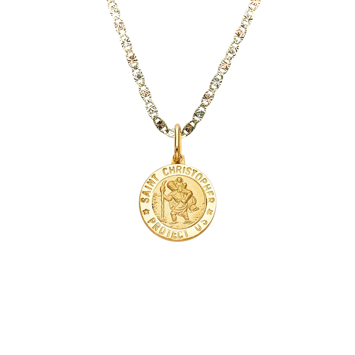 14k Saint Christopher Yellow Gold Round Pendant with Solid Chain - LE-266