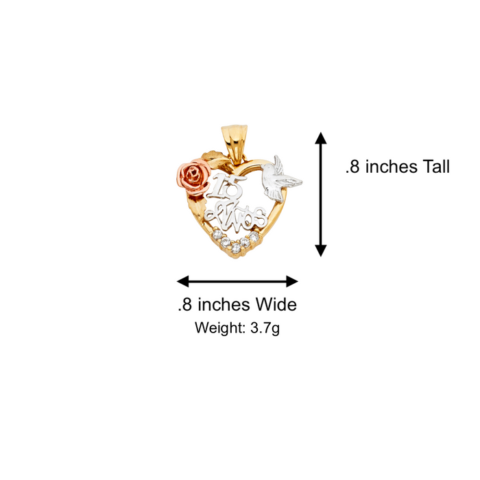 14k Gold Tri Tone 15 Años Quinceañera Heart Gemstone Pendant with Solid Chain - LE-1864