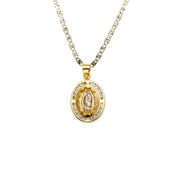 14k Virgin Mary Gold Pendant Oval Gemstones with Solid Chain - LE-2307