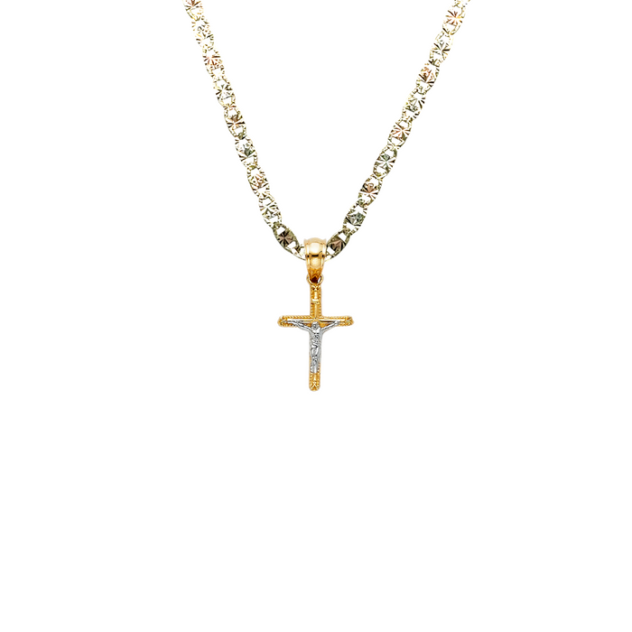 14k Gold Tiny Two Tone Jesus Cross Pendant with Solid Chain - LE-0048