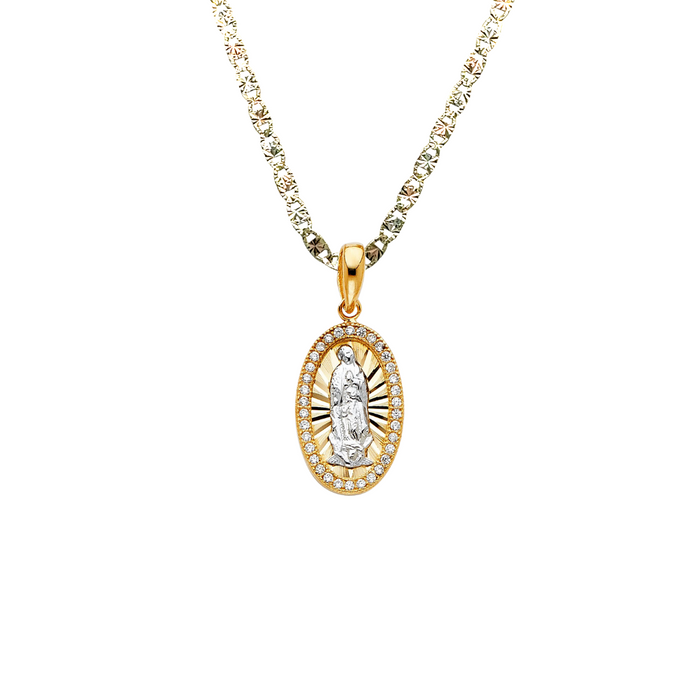 14k Virgin Mary Oval Pendant with Gemstone Bezel and Solid Chain - LE-PT1358