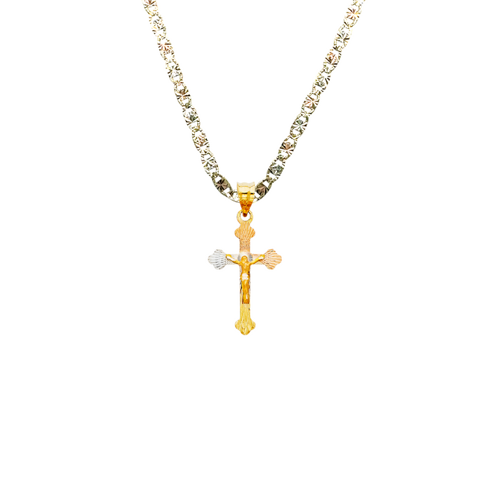 14k TriColor Gold Jesus Cross Pendant with Solid Chain - LE-0353