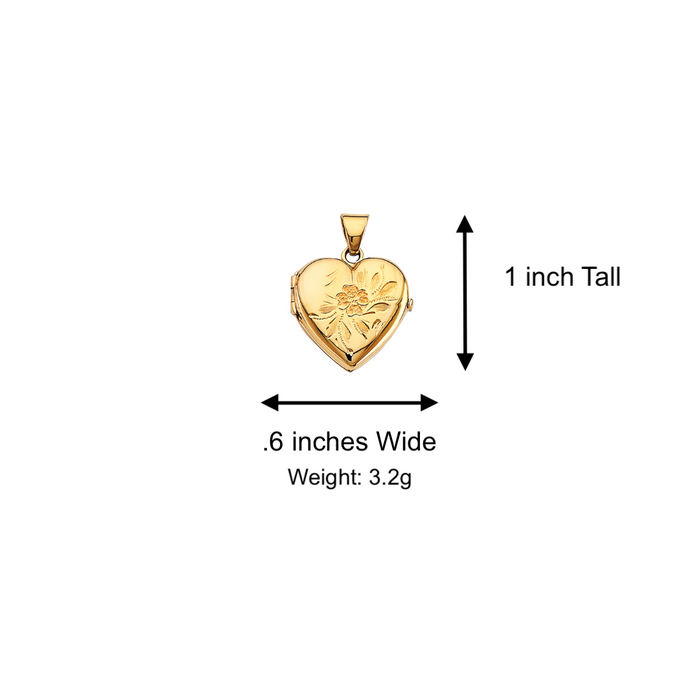 14k Gold Engraved Flower Picture Heart Locket Pendant with Solid Chain - LE-2576