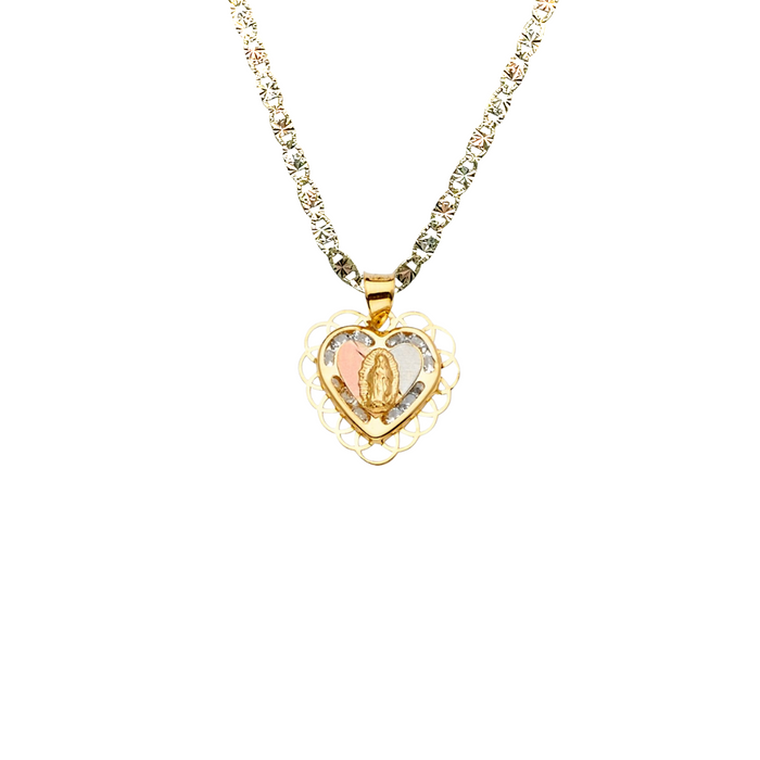 14k Virgin Mary Gold Heart Pendant with Gemstones and Solid Chain - LE-2296