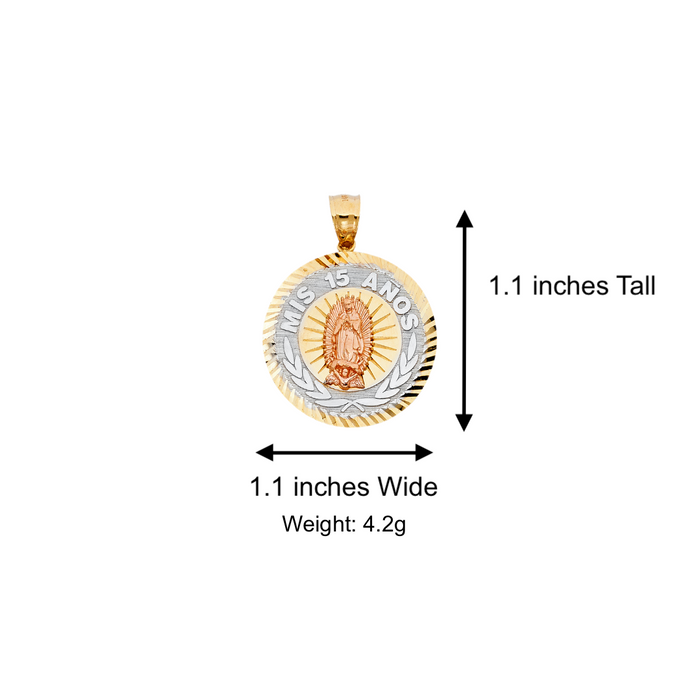 14k Gold Tri Tone Virgin Mary Mis 15 Años Quinceañera Pendant with Solid Chain - LE-1897