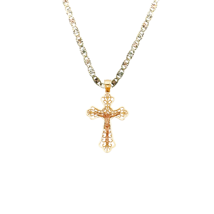 14k Gold Fancy Filigrano Jesus Cross Pendant with Solid Chain - LE-0994