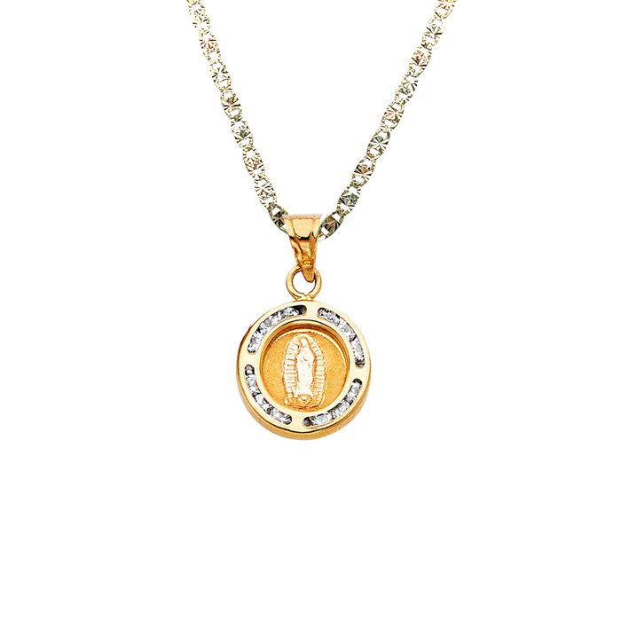 14k Virgin Mary and Baptism Two Sided Gold Pendant with Solid Chain - LE-765