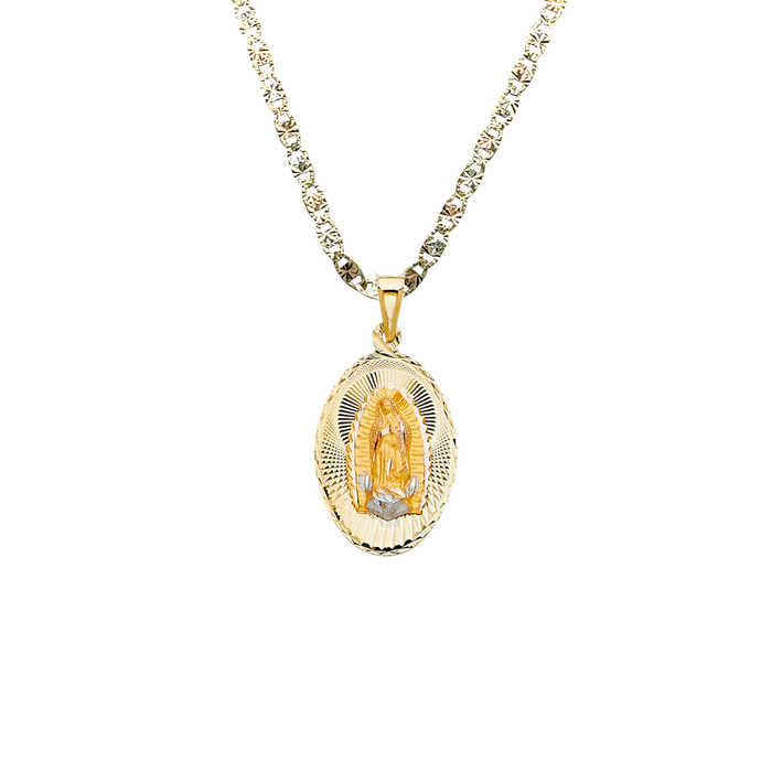 14k Virgin Mary Yellow Gold Oval Pendant with Solid Chain - LE-329