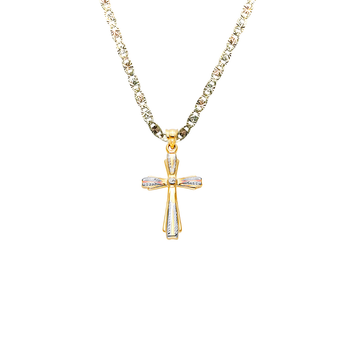 14k Gold Tri Tone Holly Fancy Cross Pendant with Solid Chain - LE-2533