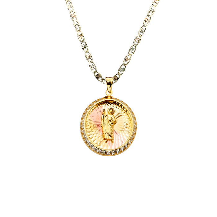 14k San Judas Round Gemstone TriGold Pendant with Solid Chain - LE-2251