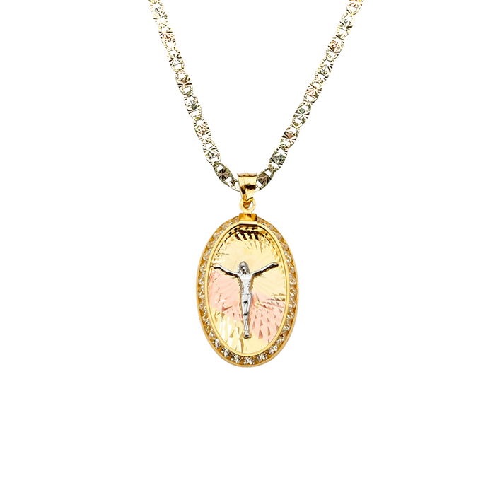 14k Jesus Christ Oval Gemstone Gold Pendant with Solid Chain - LE-2254