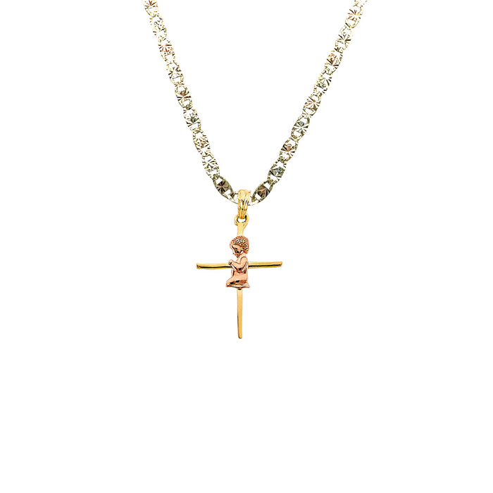 14k First Communion Boy Gold Cross Pendant and Solid Chain - LE-2643