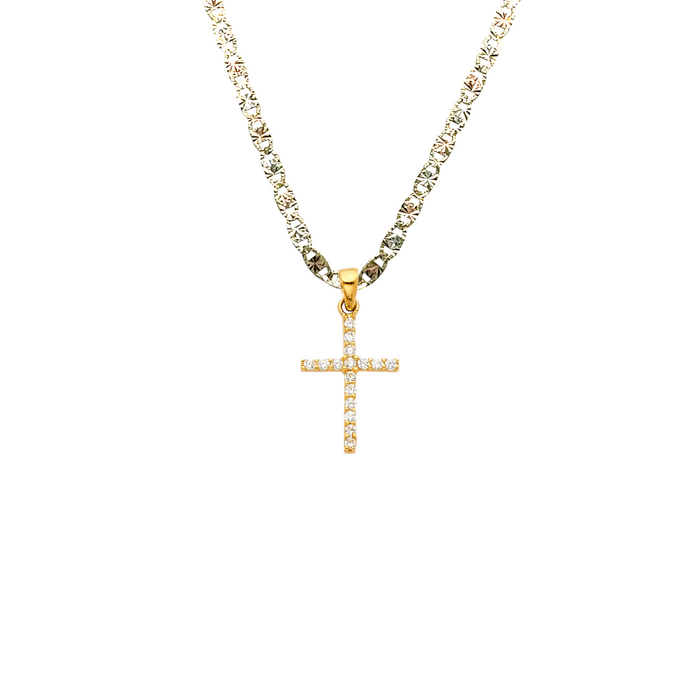 14k Gold Gemstone Cross Pendant with Solid Chain - LE-0542