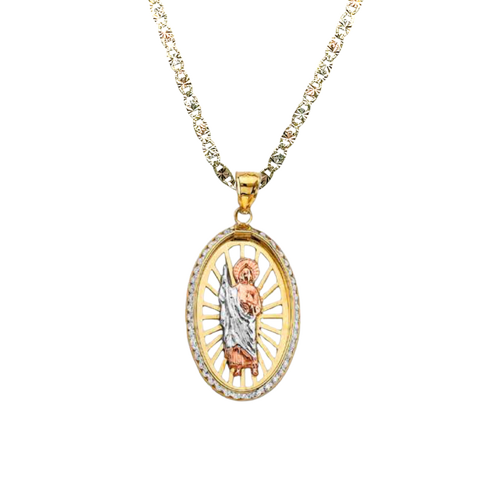 14k San Judas Oval Gemstone Pendant with Solid Chain - LE-3056