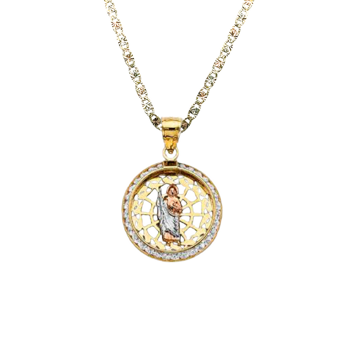 14k San Judas Round Gemstone Gold Pendant with Solid Chain - LE-3050