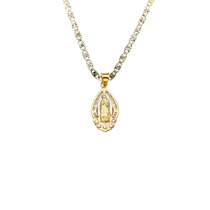 14k Virgin Mary Gold Pendant with Gemstones and Solid Chain - LE-2299