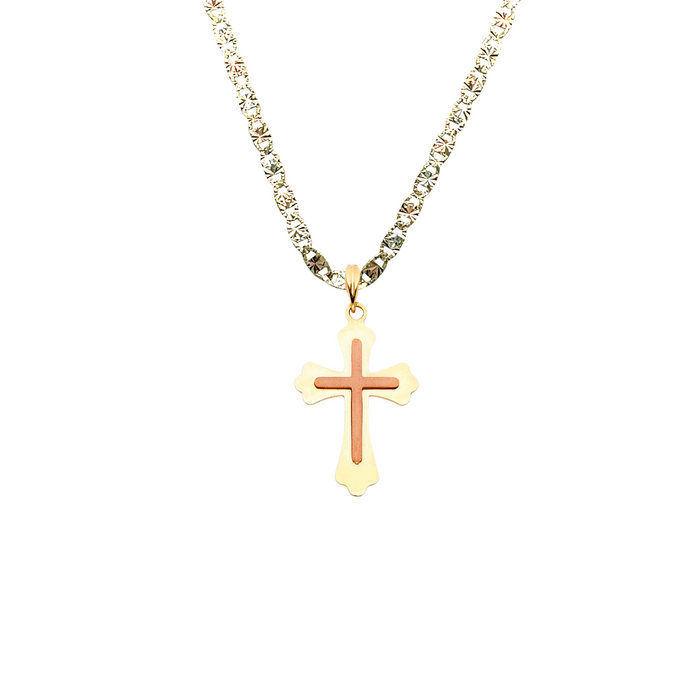 14k Gold Two Tone Rose Gold Cross Pendant with Solid Chain - LE-0913