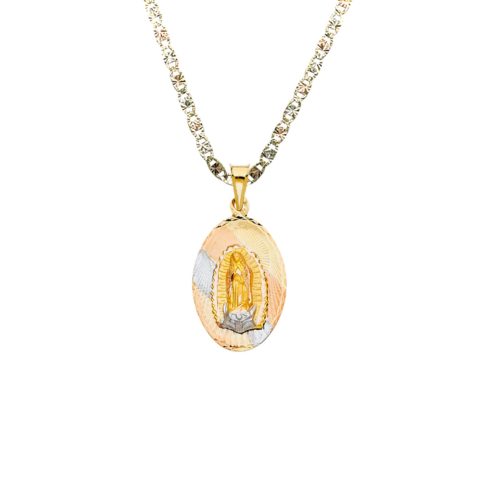 14k Virgin Mary TriColor Oval Gold Pendant with Solid Chain - LE-337