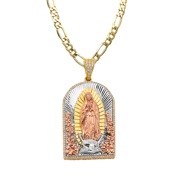 14k Large Virgin Mary Plaque Pendant with Solid Figaro Chain