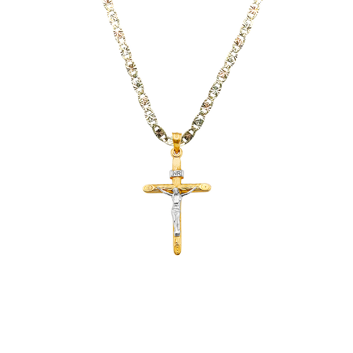 14k Gold Jesus Cross Wood Texture Pendant with Solid Chain - LE-2715