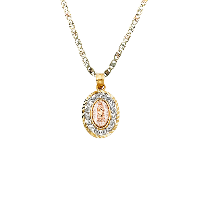 14k Virgin Mary Oval Diamond Cut Pendant with Solid Chain - LE-PT381