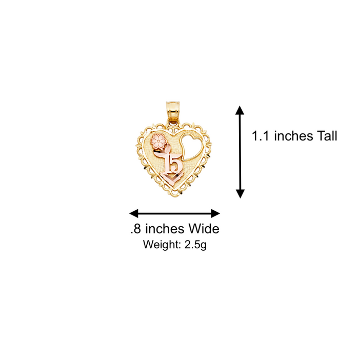 14k Gold Two Tone 15 Quinceanera Heart Pendant with Solid Chain - LE-1907