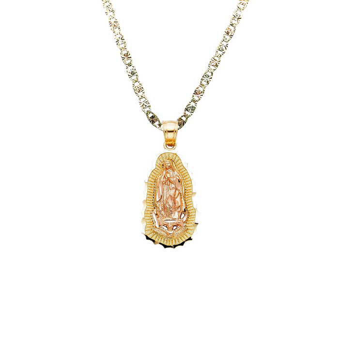 14k Virgin Mary Pendant Radiant Background and Solid Chain - LE-PT1084