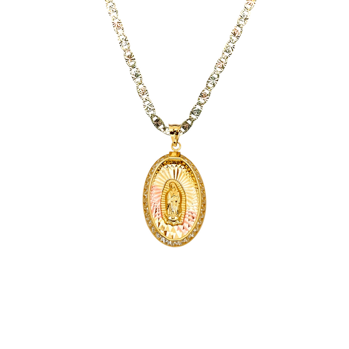 14k Virgin Mary Gold Pendant Oval Gemstones with Solid Chain - LE-2305