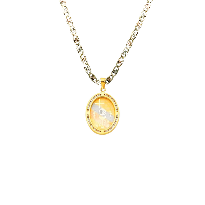 14k First Communion Tri-Tone Gold Pendant and Solid Chain - LE-186