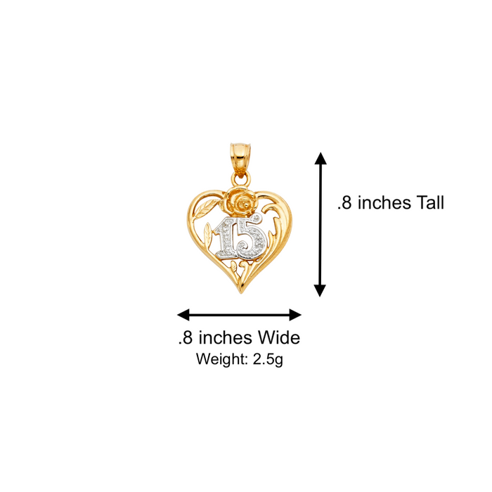 14k Gold Two Tone 15 Años Quinceañera Heart Pendant with Solid Chain - LE-1873