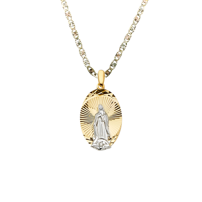 14k Virgin Mary Oval Diamond Cut Pendant with Solid Chain - LE-2291