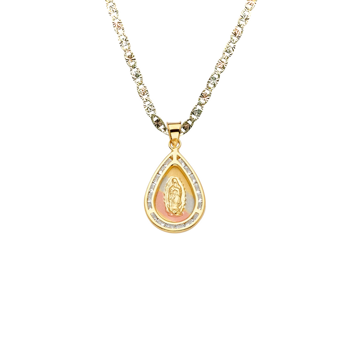 14k Virgin Mary Gold Pendant with Gemstones and Solid Chain - LE-2297