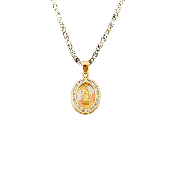 14k Virgin Mary Gold Pendant Oval Gemstones with Solid Chain - LE-191