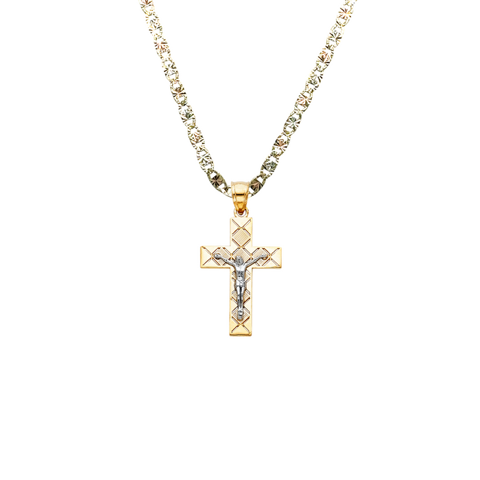 14k Two Tone Gold Cut Out Design Jesus Cross Pendant with Solid Chain - LE-0069