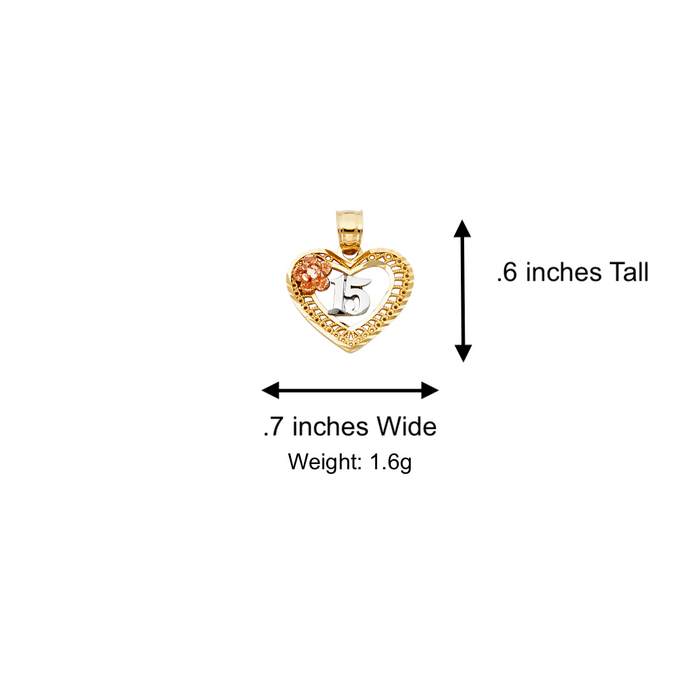 14k Gold Three Tone 15 Quinceañera Heart Pendant with Solid Chain - LE-0361