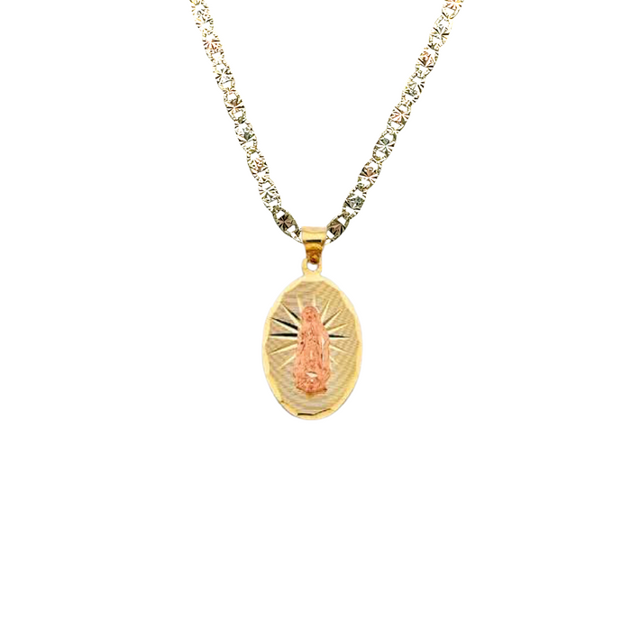 14k Virgin Mary Oval Diamond Cut Gold Pendant with Solid Chain - LE-2904