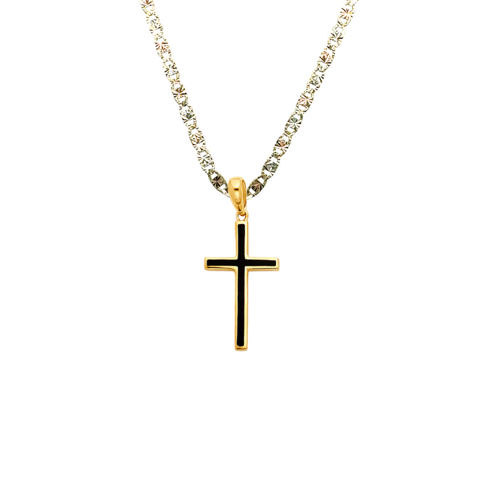 14k Gold Black Enamel Cross Pendant with Solid Chain - LE-1059