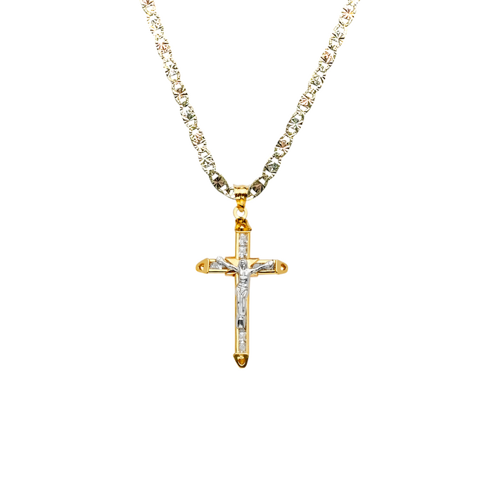 14k Two Tone Gold Gemstone Jesus Cross Pendant with Solid Chain - LE-2196