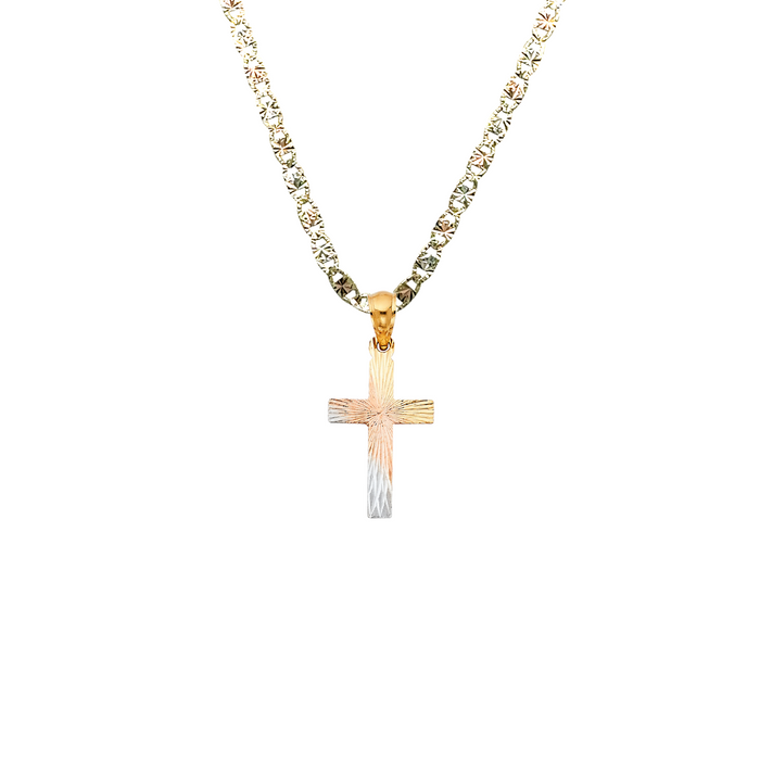 14k Gold Tri Tone Cross Radial Diamond Cut Pendant with Solid Chain - LE-1421