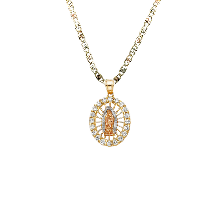 14k Oval Virgin Mary Pendant with White Gemstone Bezel and Solid Chain - LE-PT389