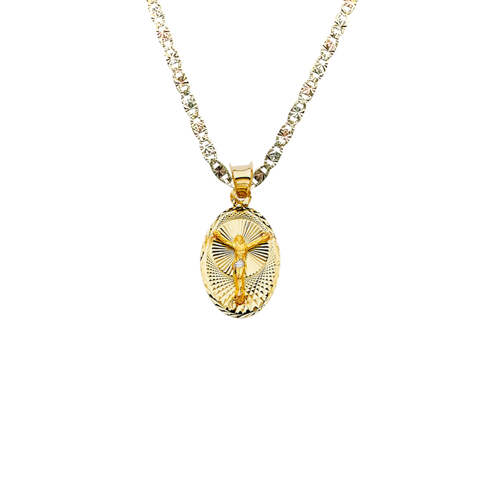 14k Jesus Christ Yellow Gold Oval Pendant with Solid Chain - LE-332