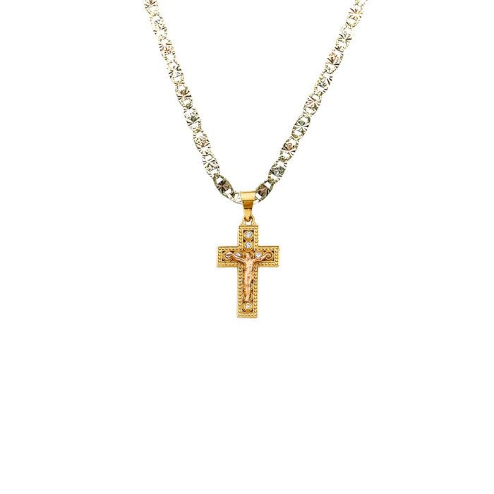 14k Gold Gemstone Jesus Cross Pendant with Solid Chain - LE-2595