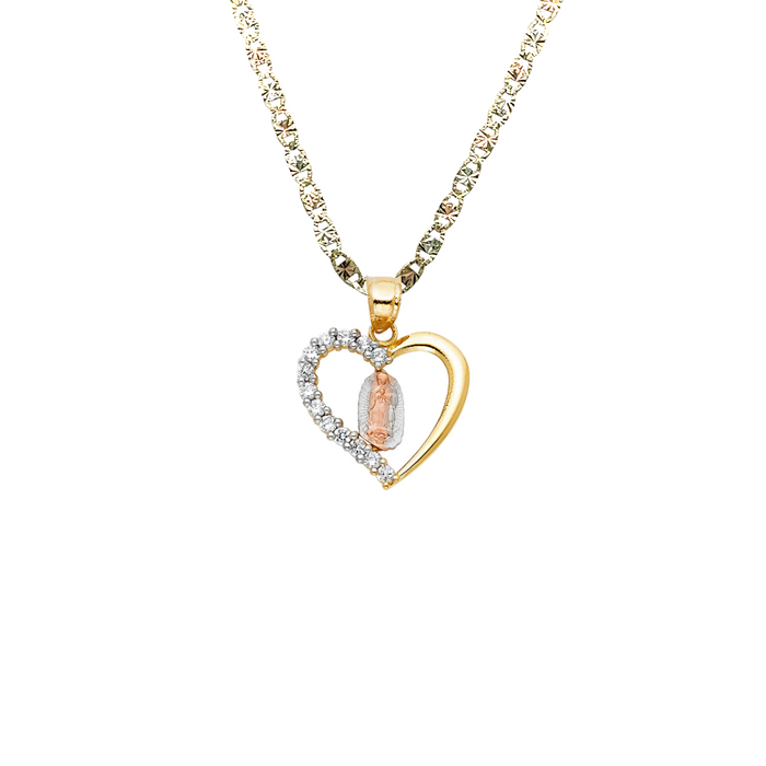 14k Virgin Mary Heart Gemstones Pendant with Solid Chain - LE-PT387