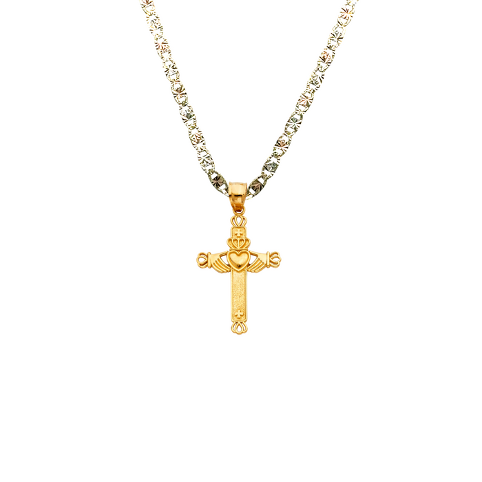 14k Gold Claddagh Cross Pendant with Solid Chain - LE-0123