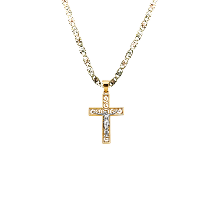 14k Two Tone Gold Filigrano Jesus Cross Pendant with Solid Chain - LE-2710