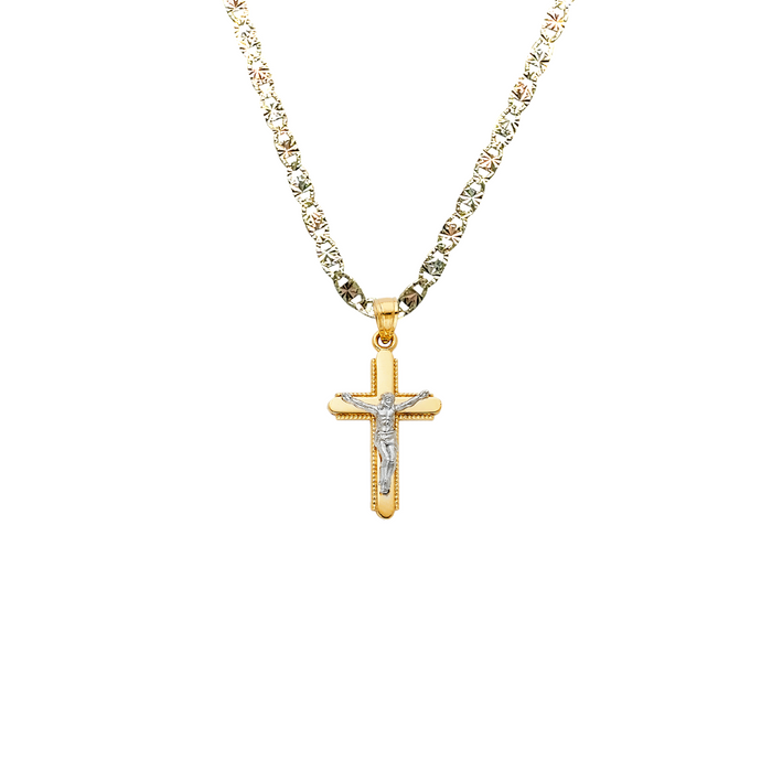 14k Gold Two Tone Jesus Cross Pendant with Solid Chain - LE-0041